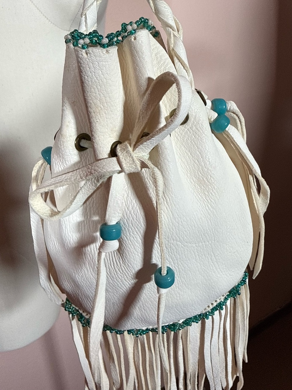 Vintage white leather Turquoise beaded southwestern mini bag with Fringe western